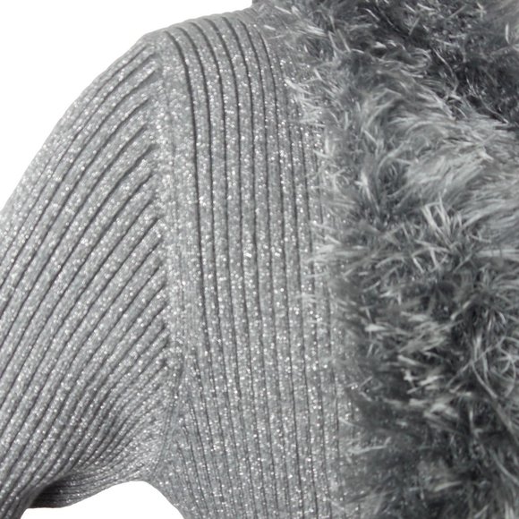 LAUREN MICHELE Top L Cardigan Sweater Silver Gray Metallic Faux Fur Stretch Knit - Picture 4 of 11